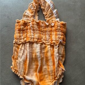 Girls Orange Striped Smocked One-Piece Romper